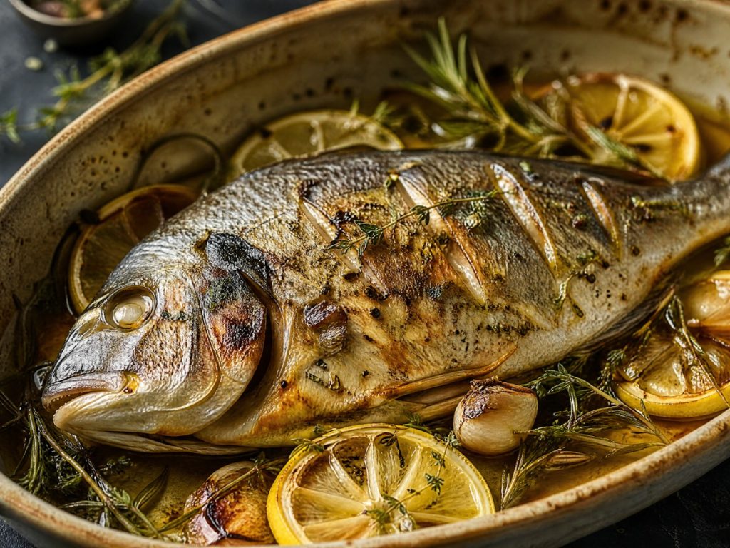 Dorade in de oven met citroen, knoflook en tijm
